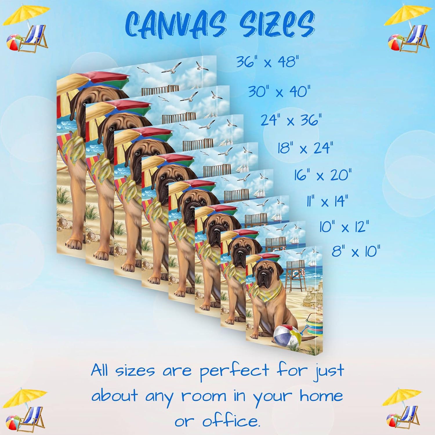 Pet Friendly Beach Bullmastiff Dog Canvas Wall Art - Premium Quality Ready to Hang Room Decor Wall Art Canvas - Unique Animal Printed Digital Painting for Decoration, 11"x14" - CVSP84442