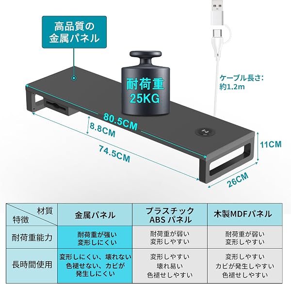 [ミノリの恵]モニタースタンド ワイヤレス充電器搭載 モニター 台 幅80CM ディスプレイ 台 引き出しとスマホホルダー付き 机上台 ノートパソコン/プリンター/iMac/タブレットパソコンに適用 耐荷重25Kg (黒-80CMワイヤレス充電器搭載) - 4