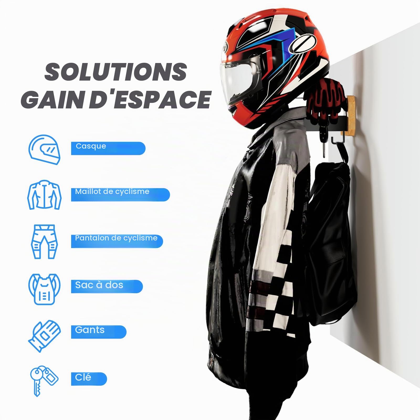 Support Casque Moto, Porte Casque Moto Mural pour Accrocher Le Casque et la Veste de Moto au Mur, Support Mural pour Gilet Tactique (Un baroudeur)