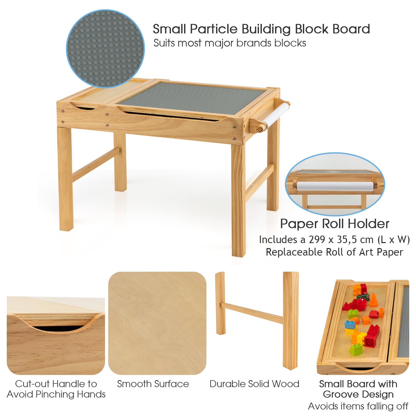 LIFEZEAL 2 en 1 Bureau à Dessin & Table de Blocs de Construction avec Espace de Rangement, Plateau Réversible, Rouleau de Papier, Table Multi-Activités en Bois pour Enfant 3 Ans+ (Naturel)