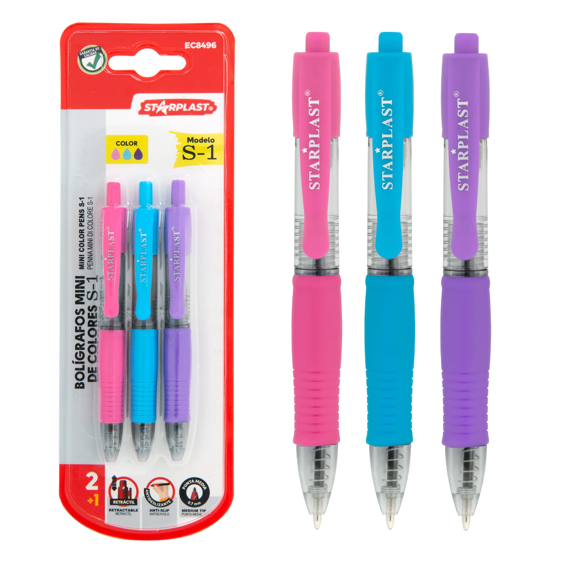Starplast PACK 3 BOLIGRAFOS RETRACTIL MINI Punta media 1 mm, con antideslizante y clip - TURQUESA, ROSA Y MORADO.