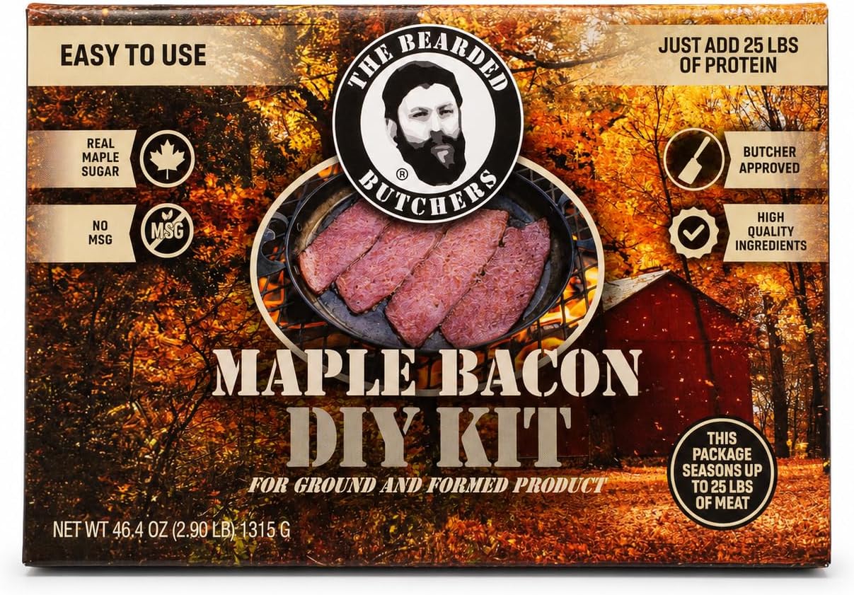 Bearded Butchers Maple Bacon DIY Kit with Cinnamon Shaker – Seasons Up to 25 lbs of Meat, Perfect for Homemade Maple Bacon with Any Meat – Includes Real Maple Sugar Seasoning, Sodium Nitrite Curing Salt, and Cinnamon Swirl Shaker