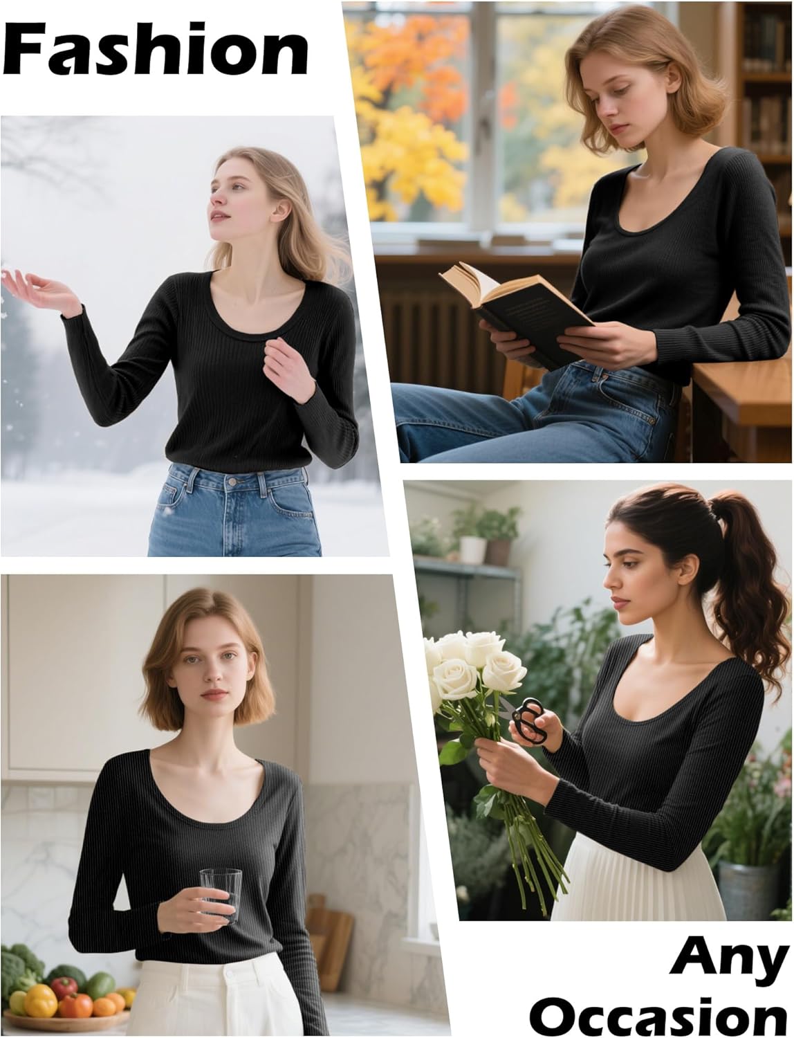 1 Pack Womens Long Sleeve Scoop Neck Ribbed Shirts, U Neck Stretch Casual Basic Tops Underscrubs Layer Clothes - Image 6