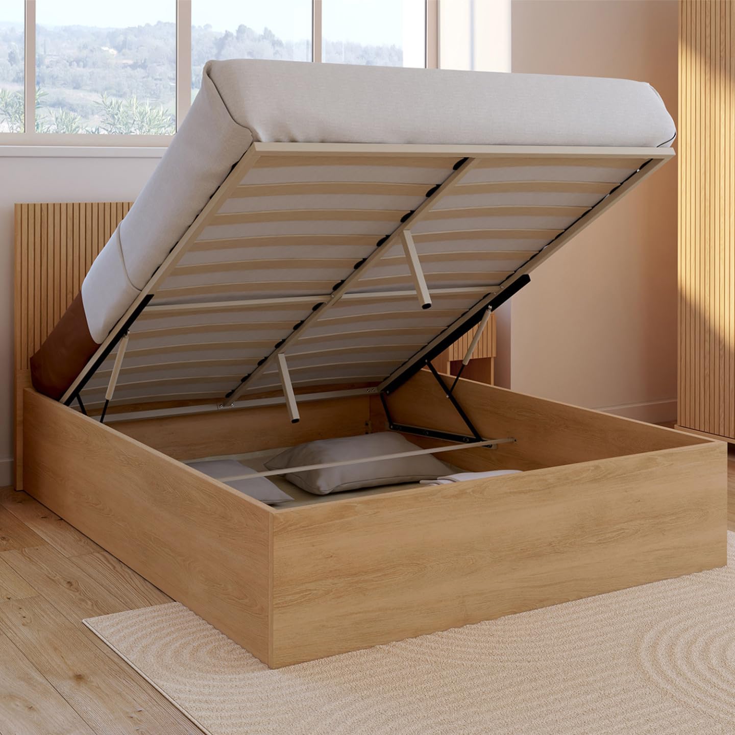 IDMarket - Lit Coffre Double Seaside 140 x 190 cm Effet Lattes et Bois