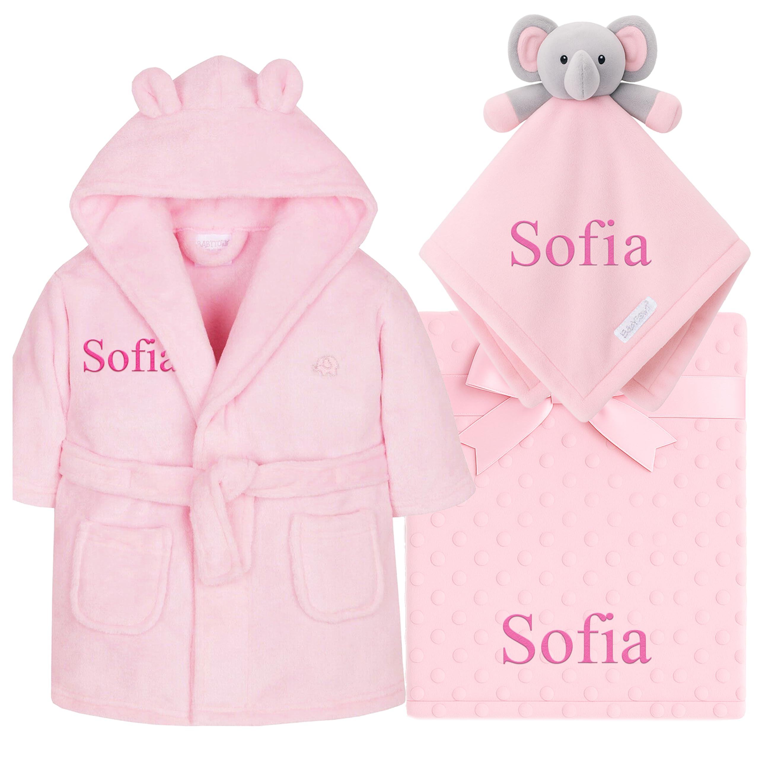 Personalised Baby Dressing Gown, Elephant Comforter & Blanket Set Gift Bundle Bobble (PINK Robe, Elephant Comforter, Bobble Blanket, 0-6 Months)