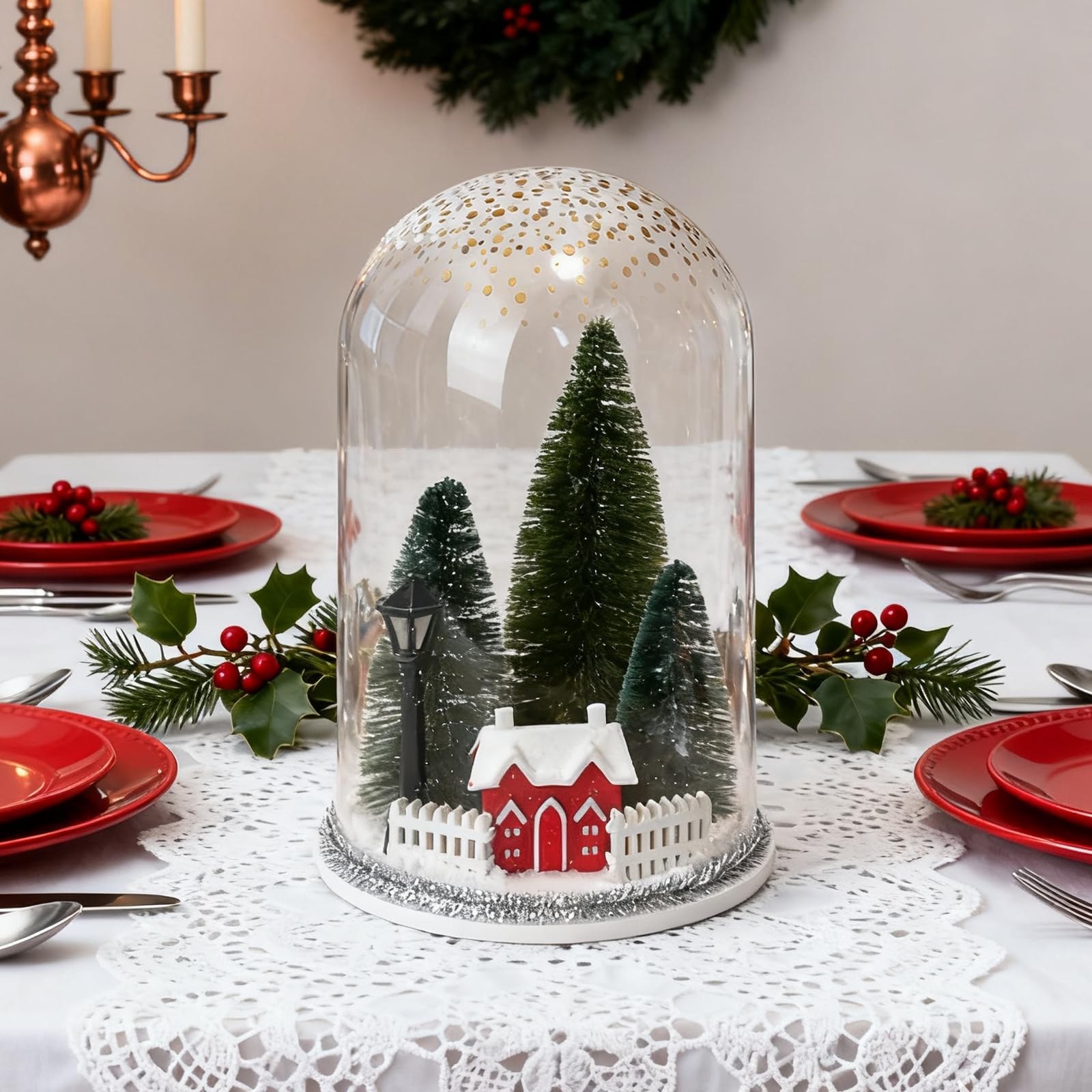Christmas Dome Cloche Decoration Tabletop Centerpiece (House)