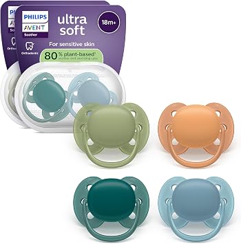 Philips Avent Ultra Soft Soothers - Orthodontic Design, for Babies 18 Months+, Flexible Shield, Extra-Firm Silicone Symmetrical Teat, BPA-Free, with 2 Sterilizing Cases, 4 Pack, SCF093/08