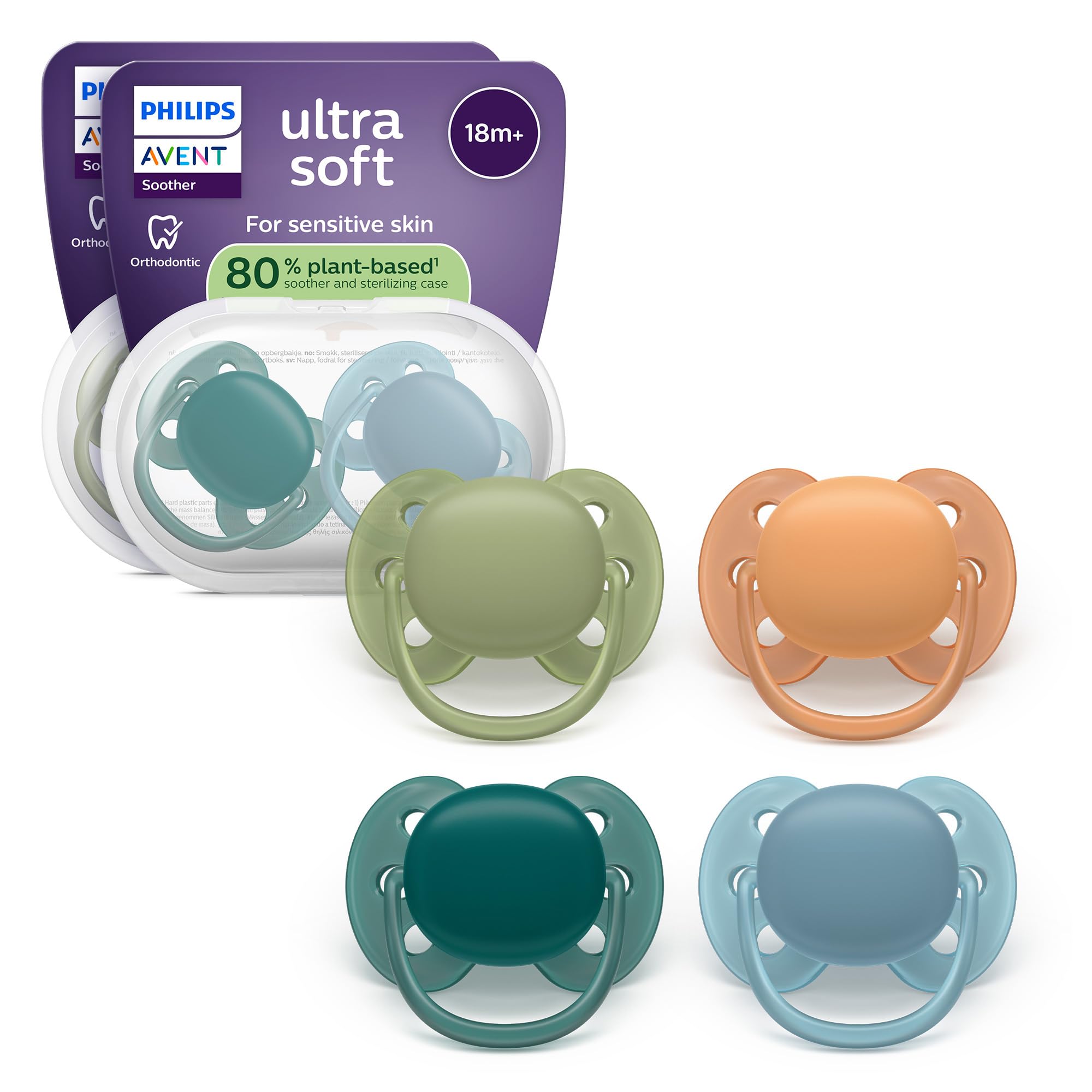 Philips Avent ultra soft Schnuller – kiefergerecht geformtes Design, für Babys ab 18 Monaten, flexibles Saugerschild, extra fester, symmetrischer Silikonsauger, BPA-frei, 4er-Pack, SCF093/08