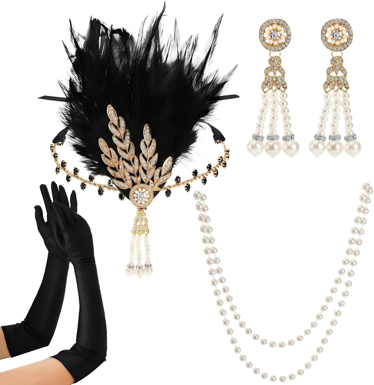 5 Pack 1920s Vintage Flapper Accessories Set, 20s Party Costume Headband for Women, Feather Flapper Headpiece, Pearl Necklace and Earrings, Gloves, Faux Holder