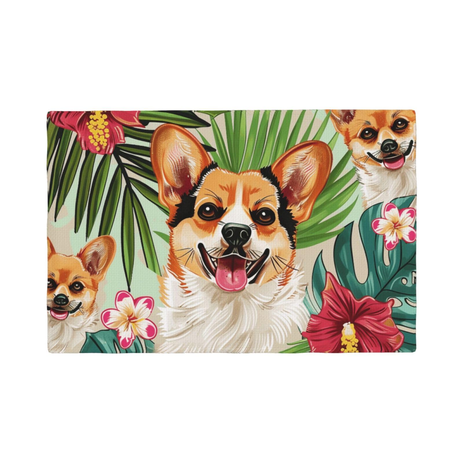 tropical flower and corgi Print Placemats Set, Heat Resistant Washable Placemat 12x18in Table Mats for Party Kitchen Dining Table Decoration Indoor Outdoor, Four Pieces