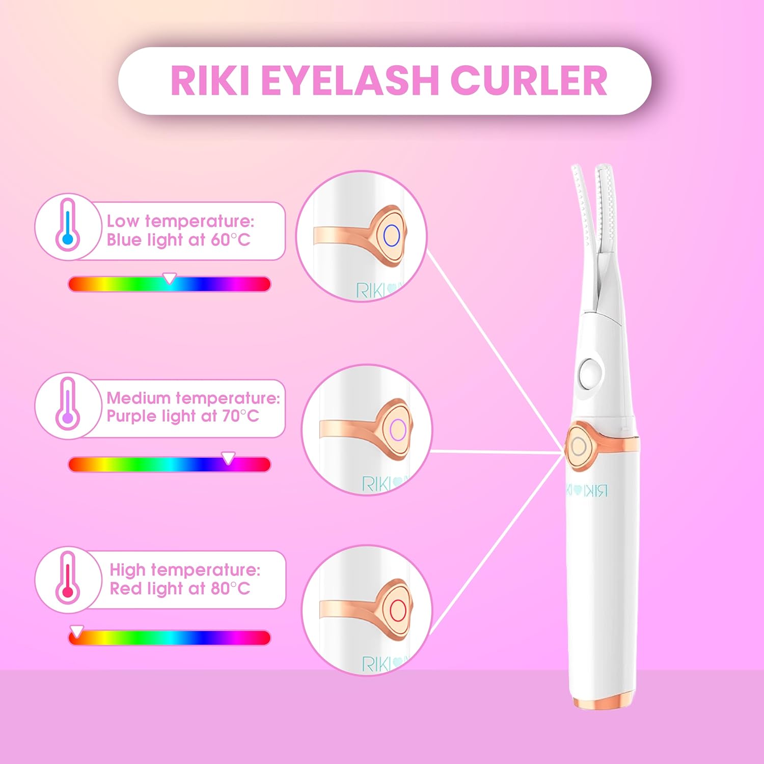 Riki Heated Lash Curler – Adjustable Temperature Electric Lash Styler with USB Charging | Long-Lasting Curling Tool for Women