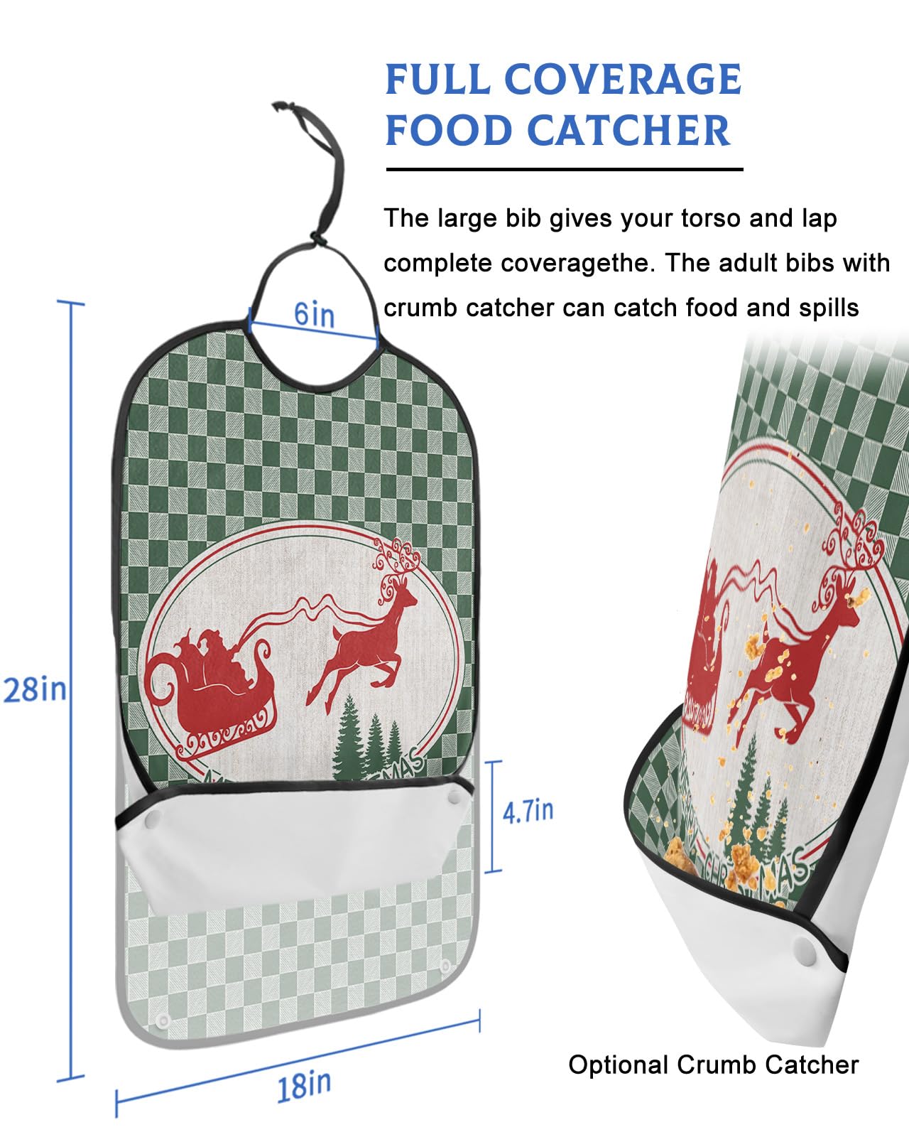 Green Plaid Christmas Adult Bibs for Eating, Waterproof Bibs with Food Catcher & Adjustable Snap Closure, Xmas Tree Elk Green Checkered Washable Clothing Protectors Adult Bibs for Elderly Women/Men
