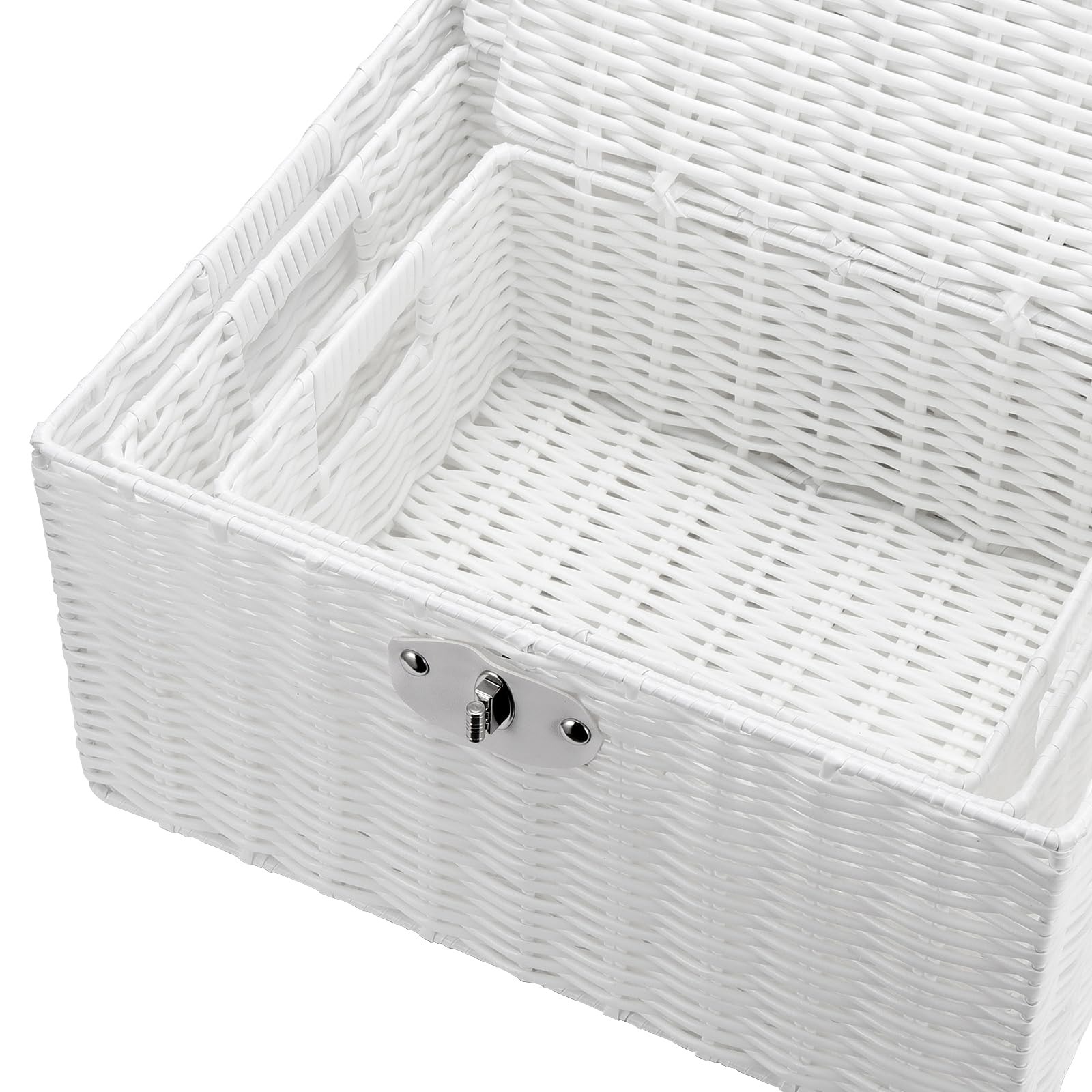 Set di 3 cestini bianchi intrecciati con coperchio e lucchetto, cesto portabiancheria intrecciato con coperchio, in resina, bianco, per regalo, vestiti, piccolo/medio/grande