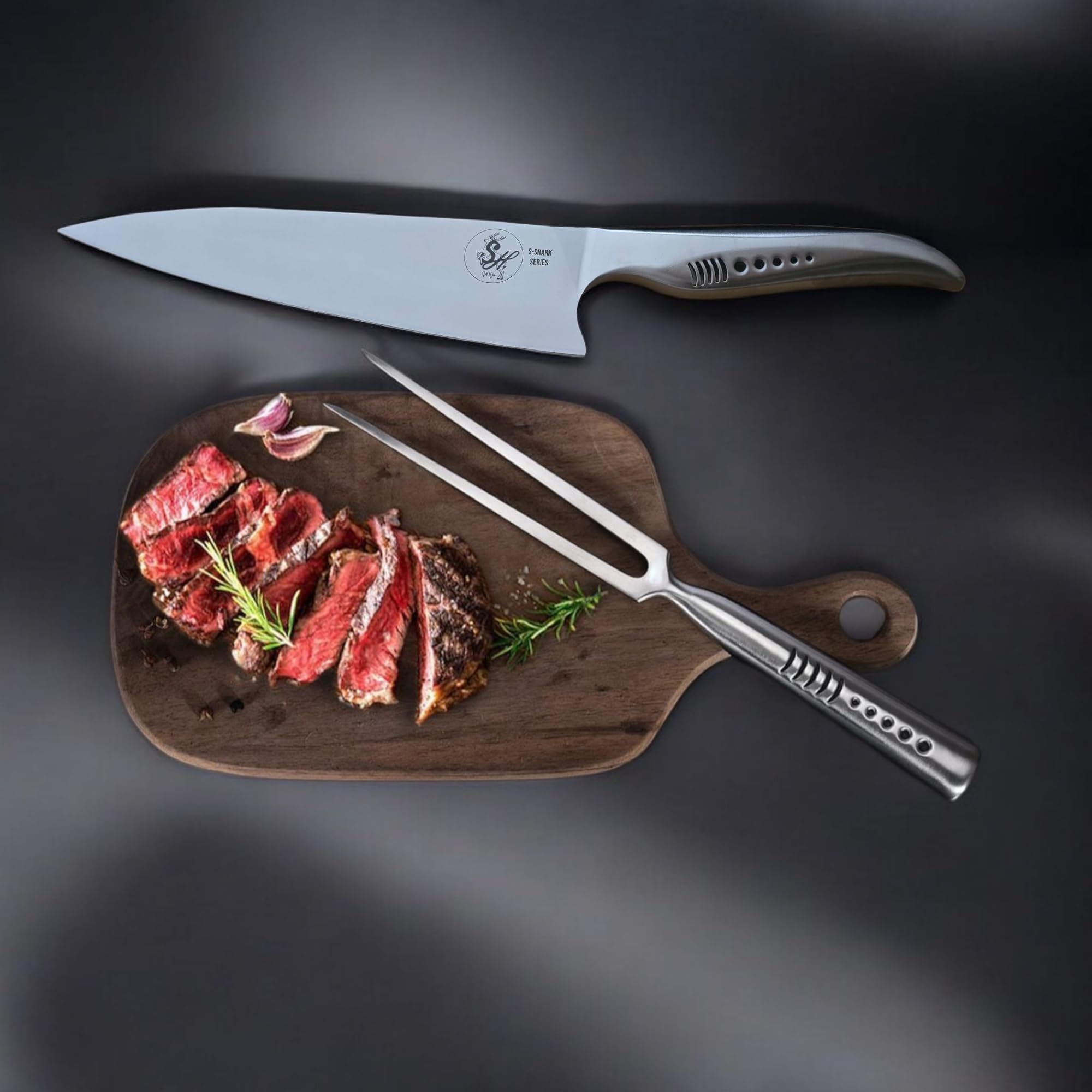 S Shark Messerset – Chefmesser 36 cm & Fleischgabel 32 cm – Voll-Edelstahl – Silber – Profi BBQ & Küchen Set – Haifisch-inspiriertes Design – Teil der S Shark Serie