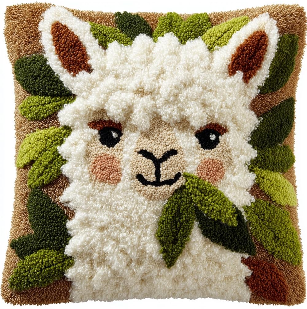 FWRTYCB Latch Hook Kits Pillow Alpaca Eating Leaves Crochet Yarn Hooking P
