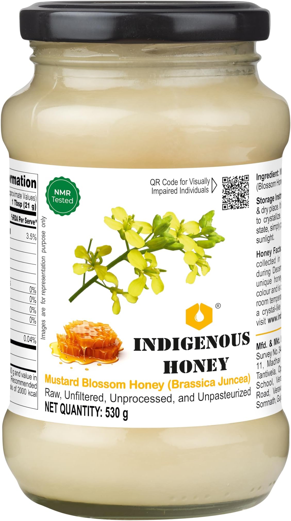 INDIGENOUS HONEY Crystallized Mustard Sarso Honey Raw Natural Pure Unprocessed NMR Tested Unpasteurized Unheated 530g Glass Jar Pack of 1