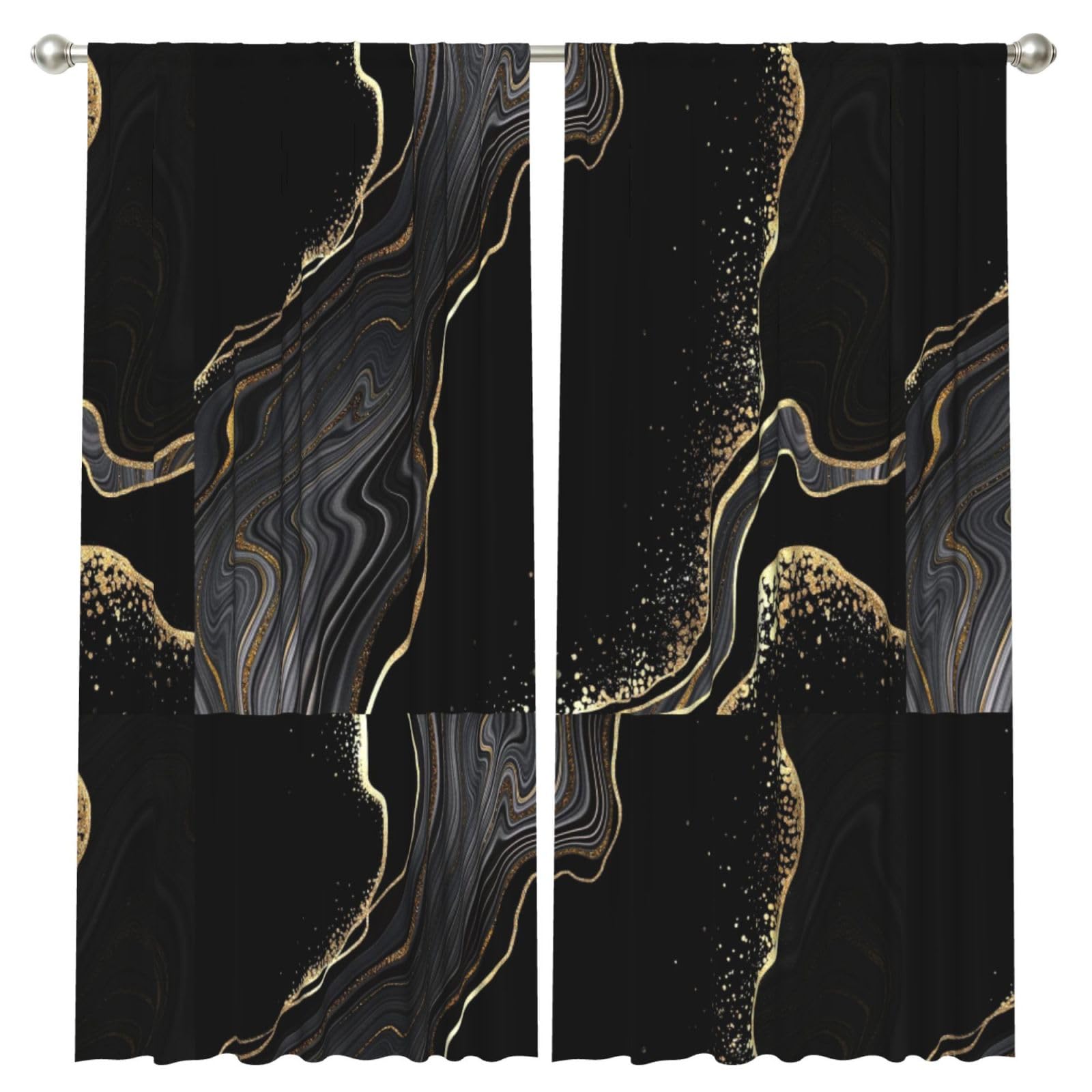 InOmak Black Marble With Gold Glitter, 2 Panels Window Curtains 52 x 84 Inch Blackout Curtains for Living Room Bedroom