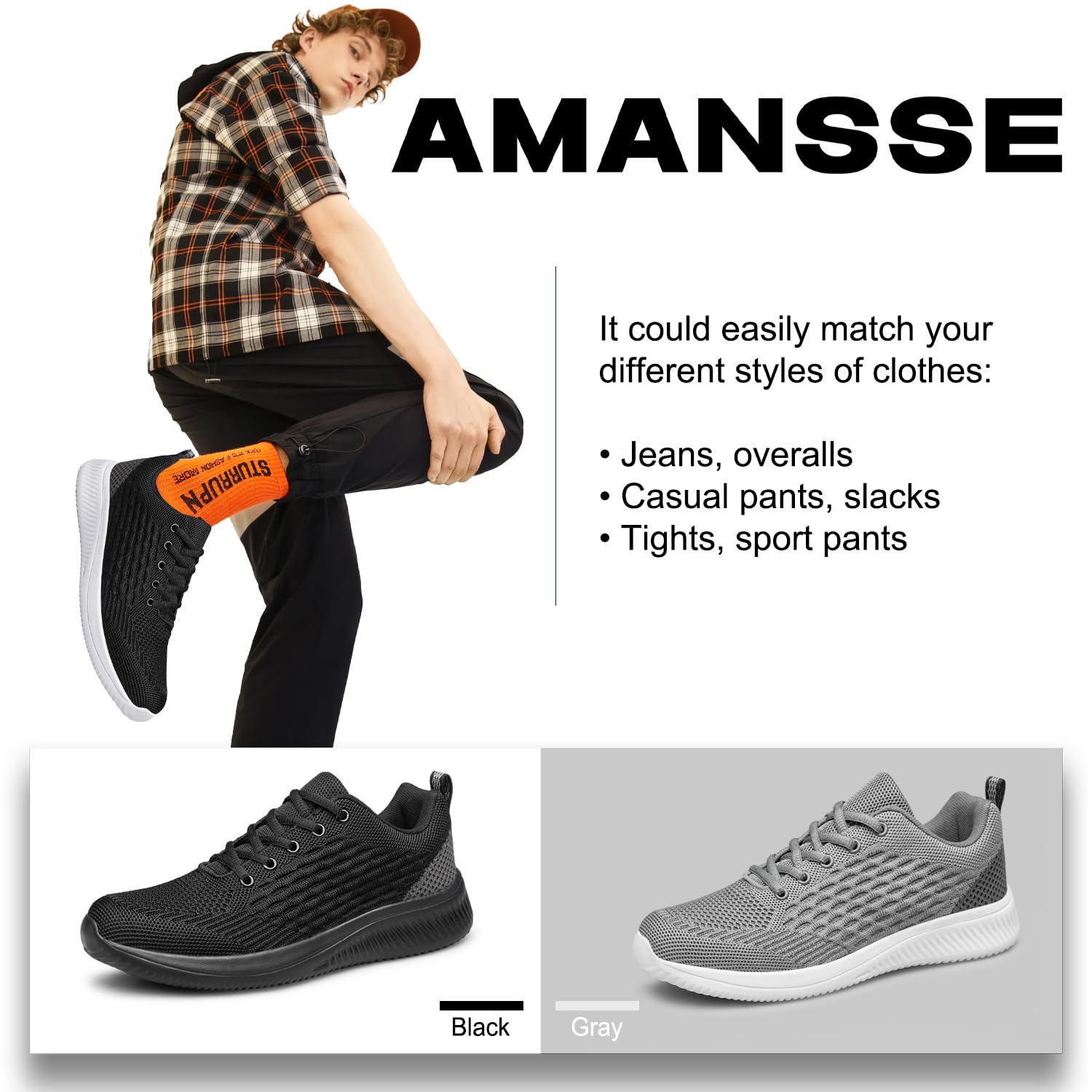 AMANSSE Mens Walking Shoes Non Slip Running Shoes Lightweight Tennis Shoes Breathable Workout Shoes Fashion Sneakers Zapatos de Hombre Black Size 12