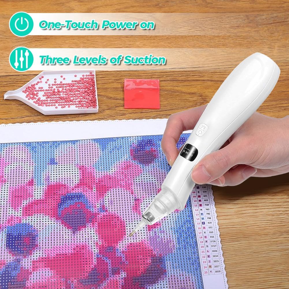 Tiiyee Electric Diamond Painting Pen, Cordless Diamond Art Vacuum Pen E Painter No Wax Needed Rechargeable 3 Adjustable Suction with 4 Replacement Tips Desktop Magnet for DIY Women Girls Gift
