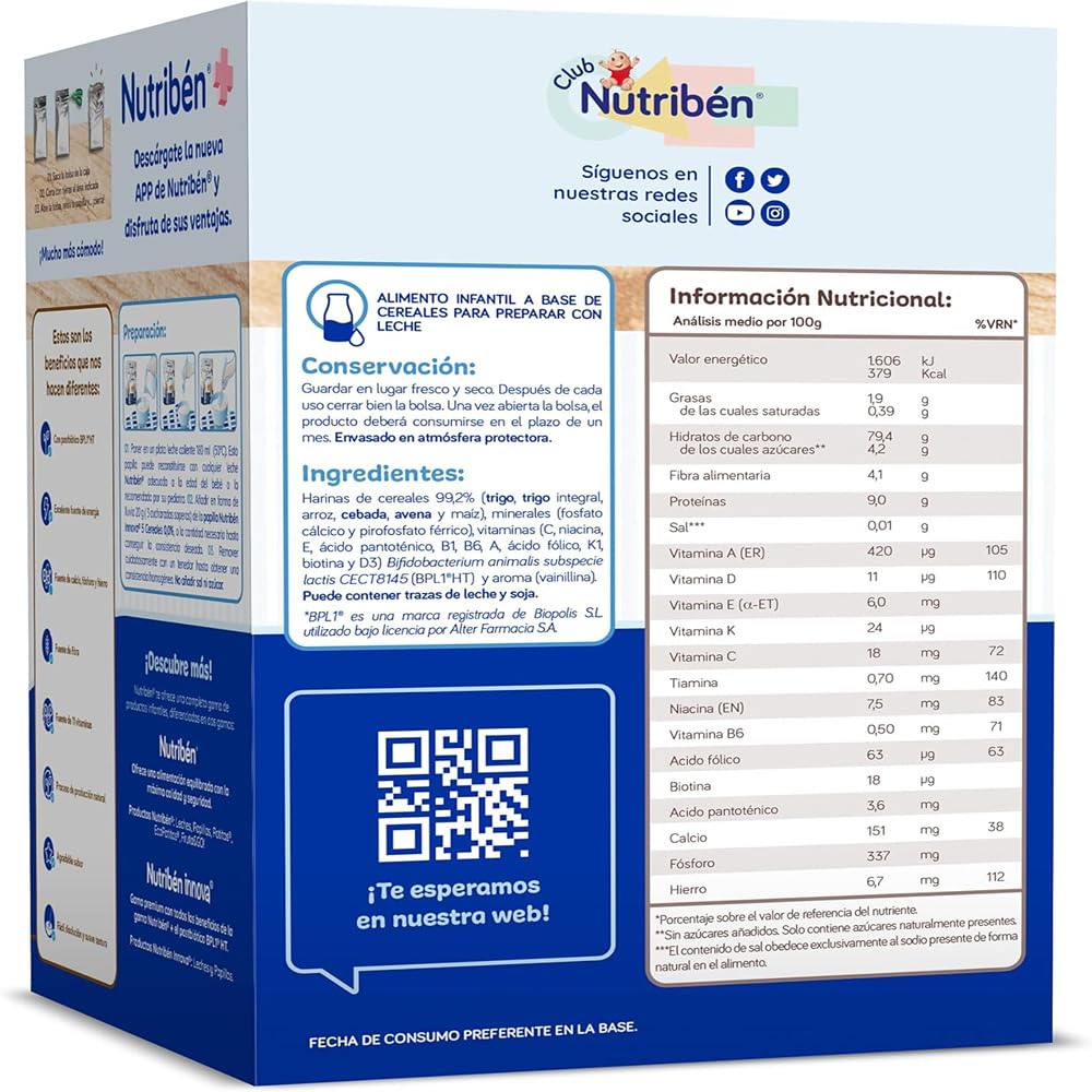 Nutribén innova ZERO 0% 5 Cereales, 500g, Trigo, Arroz, Avena, Cebada y Maiz, Bebés a Partir de 6 Meses, 0% Azúcares Añadidos y producidos, Cereales Integrales