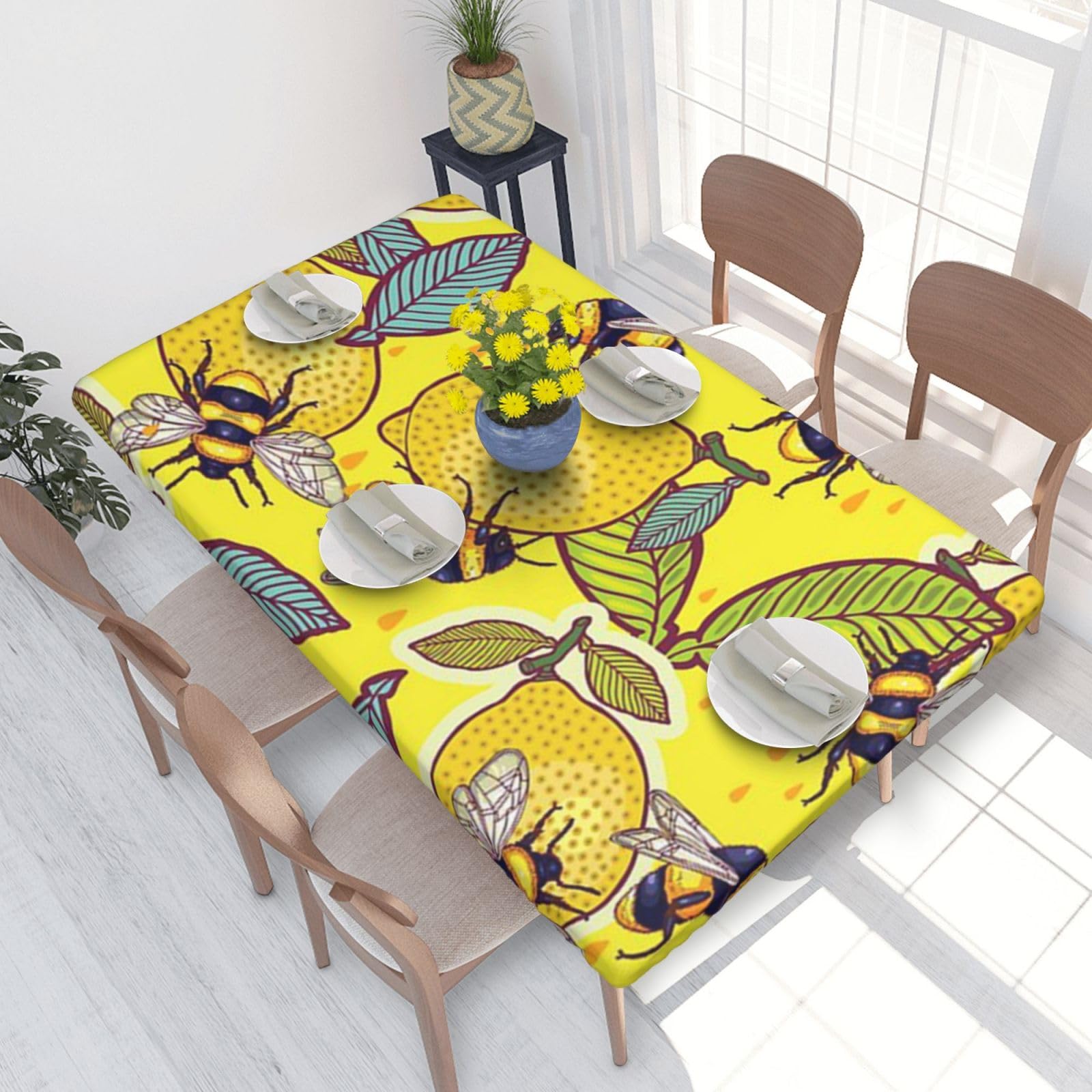 BNVSADC Yellow Lemon and Bee Printed 4FT Tablecloth 122x76 CM Polyester Kitchen Water Resistant Table Cloth Dining Table Decoration Table Covers