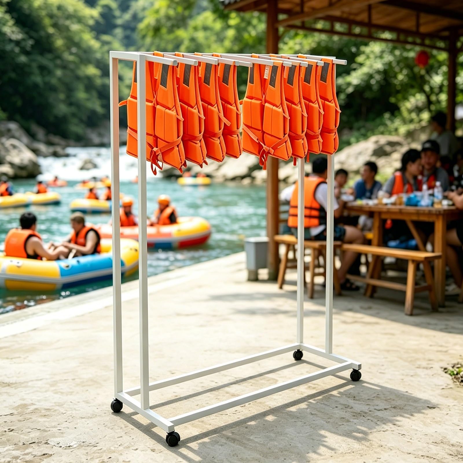 Heavy-Duty Life Vest Holder, Pool Equipment Storage Rack with Swivel Wheels, Multifunctional Freestanding Wetsuit Hanger Vest Hanger for Towels Clothing Swim Rings(White,1-Tier)