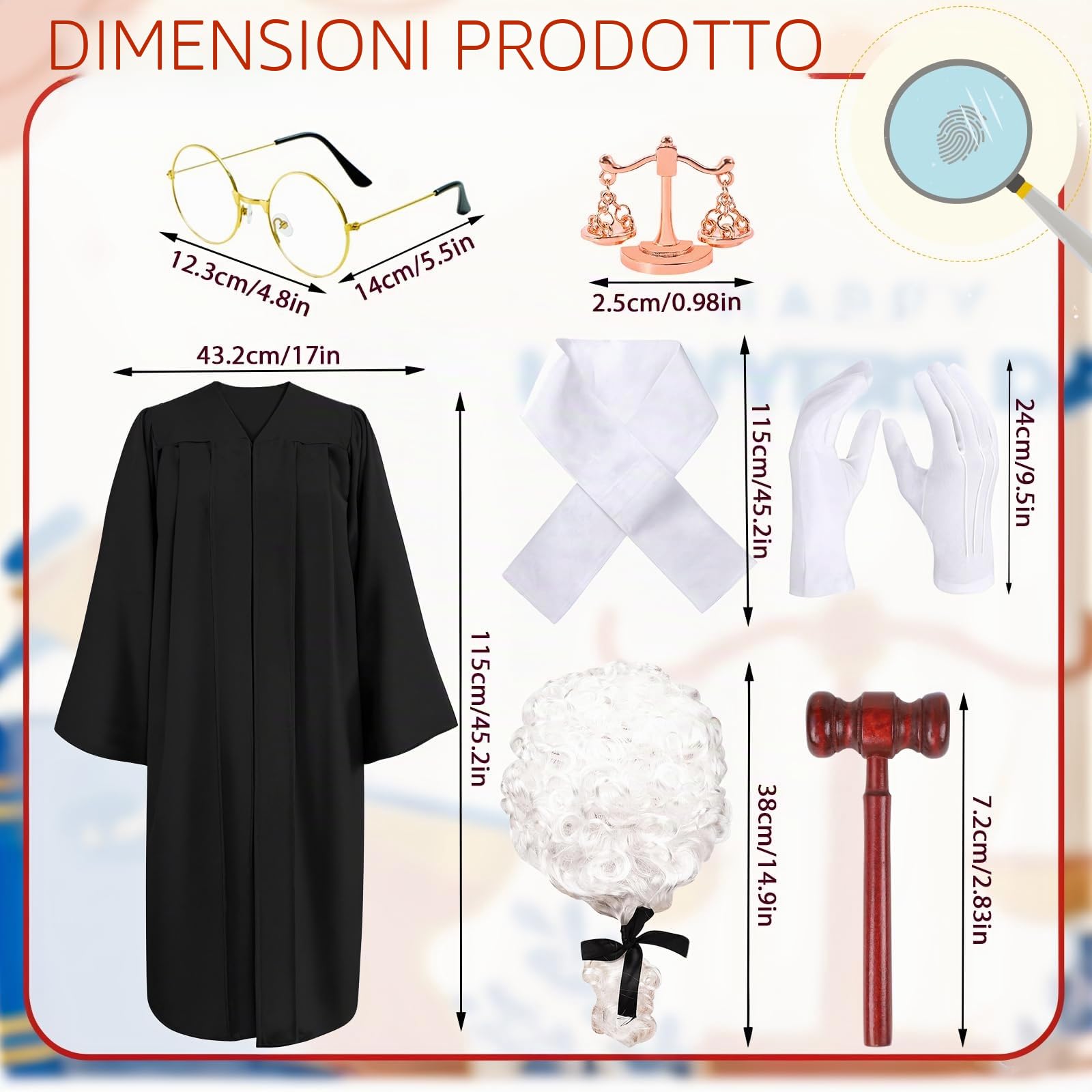 Set di Costumi da Giudice in 7 Pezzi per Adulti, Kit di Abbigliamento Elegante da Avvocato con Parrucca, Toga, Occhiali, Guanti, Martelletto, Collo e Spilla per Cosplay da Tribunale, Trucco e