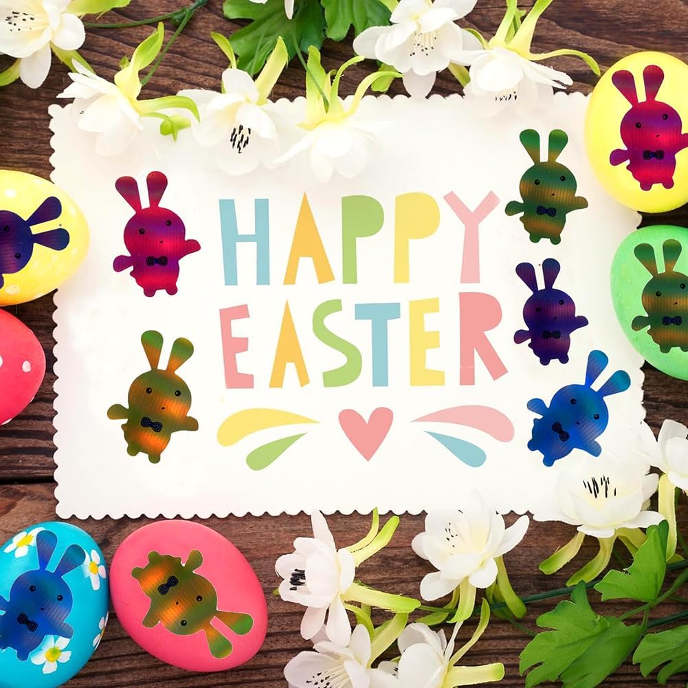 500PCS Easter Stickers Roll 8 Colors Laser Glitter Spring Easter Bunny Stickers 1.2in Holographic Self-Adhesive Decorative Label Rabbit Sticker for Envelopes Scrapbook Holiday Party Decorations