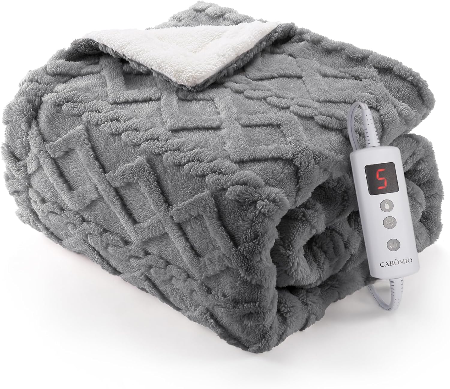 CAROMIO Heated Throw Blanket – Thick Tufted Sherpa Electric Blanket Throw with 10 Heating Levels and 10 Time Settings, ETL Certified Machine Washable Fast Heating Blanket Throw 50″×60″, Grey