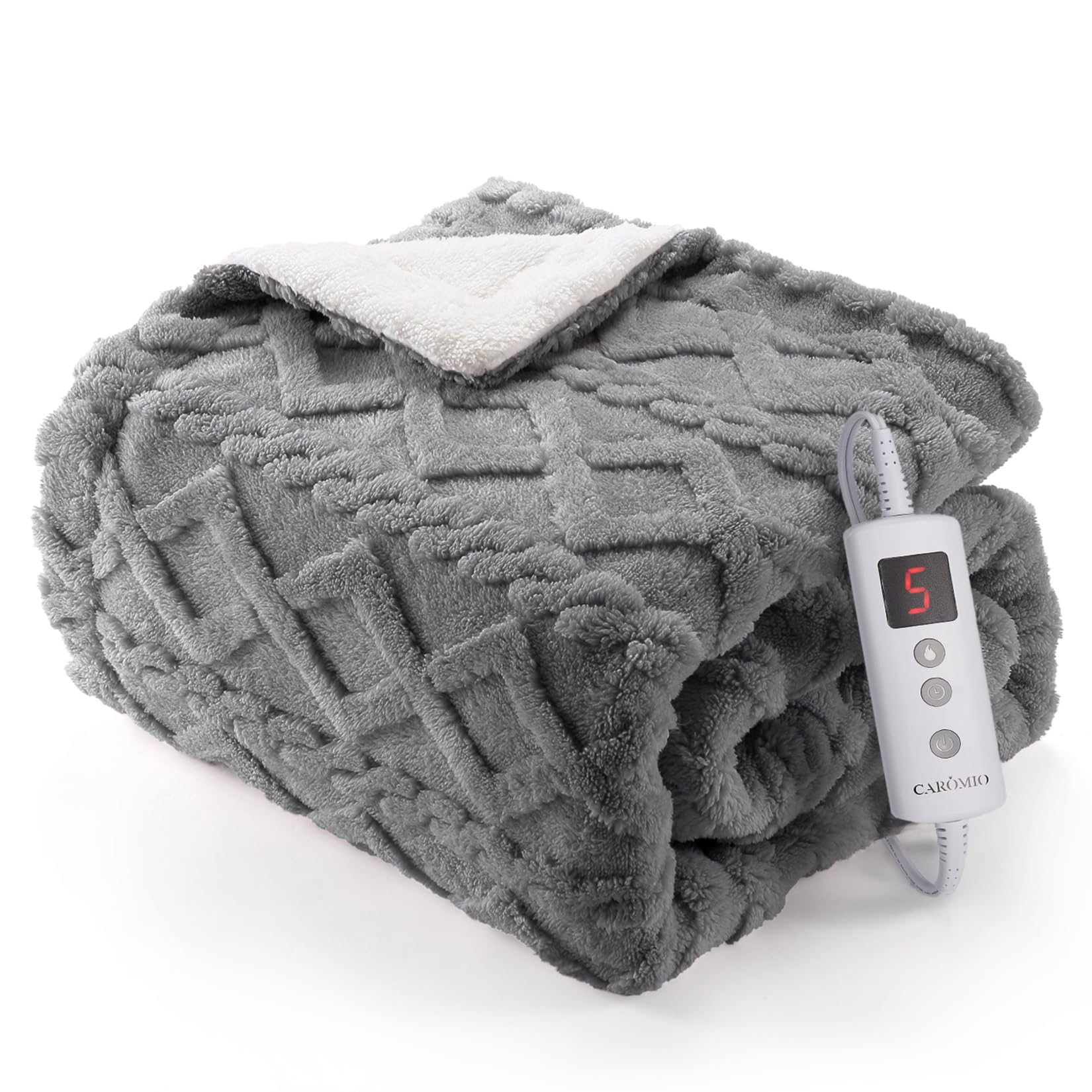 CAROMIO Heated Throw Blanket - Thick Tufted Sherpa Electric Blanket Throw with 10 Heating Levels and 10 Time Settings, ETL Certified Machine Washable Fast Heating Blanket Throw 50"×60", Grey