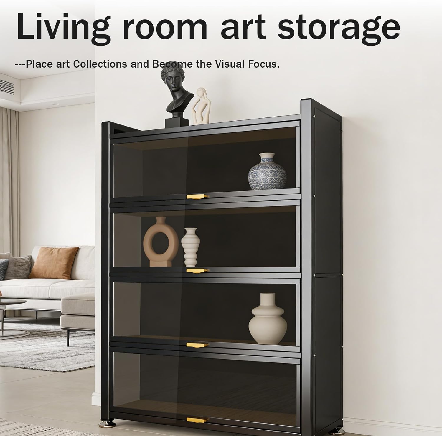 PLMOKN Display Cabinet with Glass Doors,4-Tier Curio Cases for Collectibles Action Figure Display Case Bookcase with 4 Shelves, Storage Cabinets, Black (4-Tier)