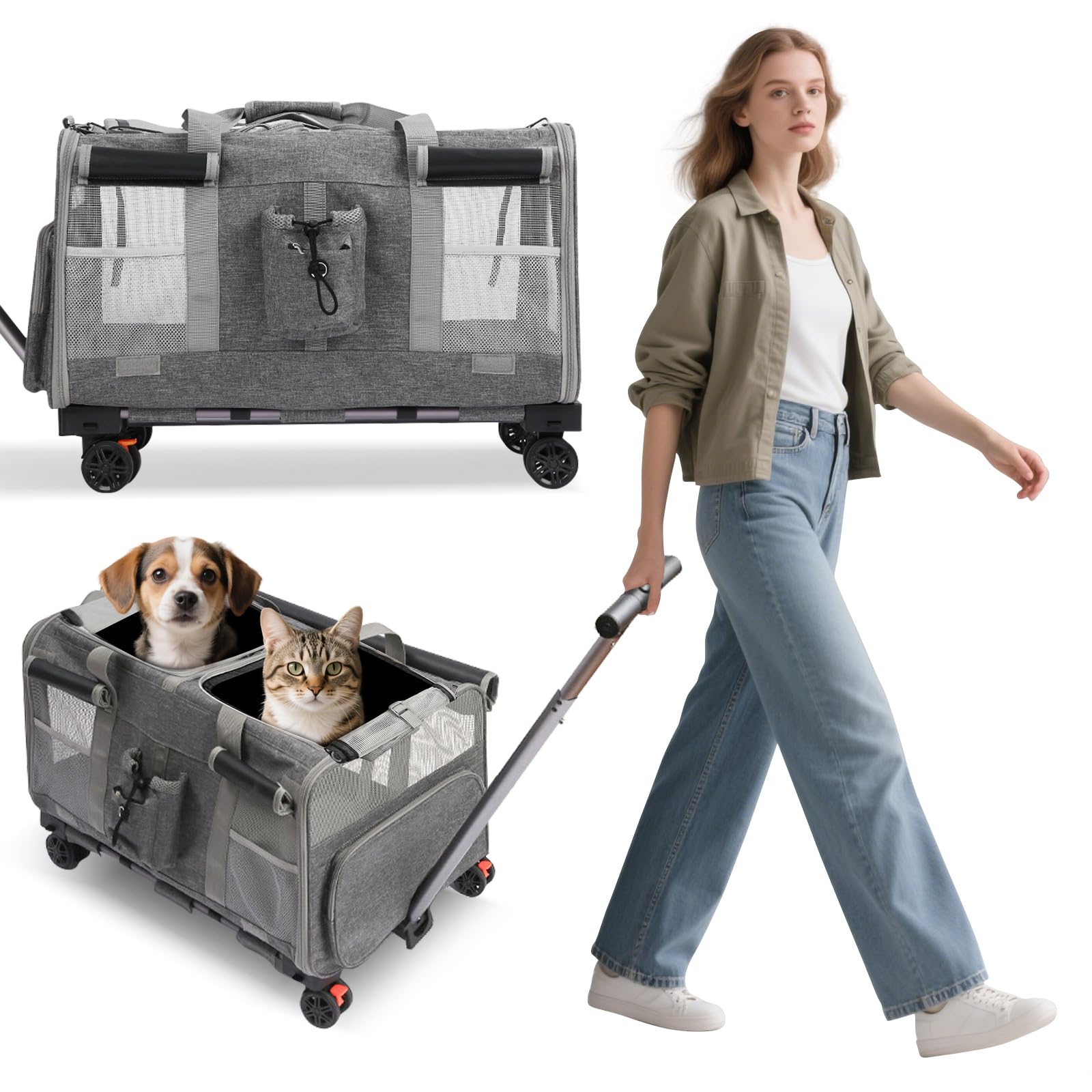 PETCUTE Transportín para Mascotas con Ruedas y Dos Compartimentos,Carga de 17,5 kg,Transportin Gatos Perros con Guinzaglio di Sicurezza,Transportador Plegable para 2 Gatos,para Paseo/Camping,Gris