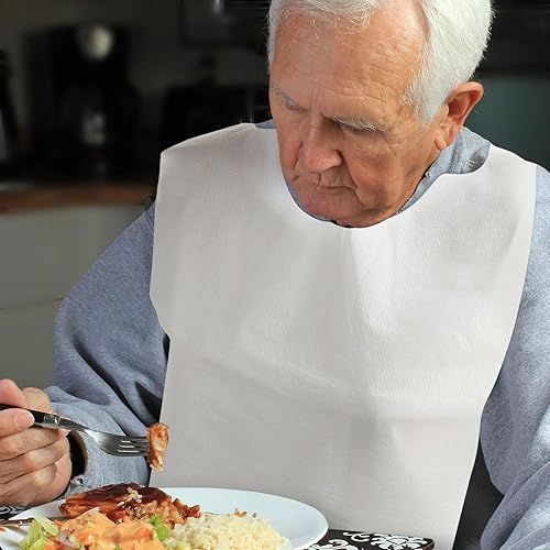 Miniatura 3 de Baberos desechables para adultos, paquete de 100 unidades, color blanco, 15.5 x 23.6 pulgadas, mezcla de papel absorbente y plástico para protección