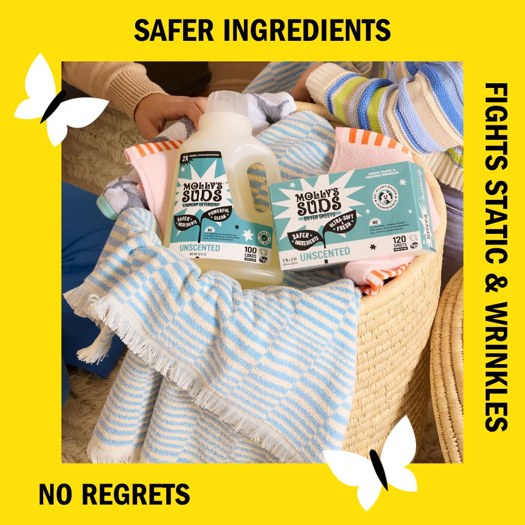 Molly's Suds Feuilles d'adoucissant pour peaux sensibles | Réducteur statique à base de plantes, emballage sans plastique | Non parfumé (120 feuilles)