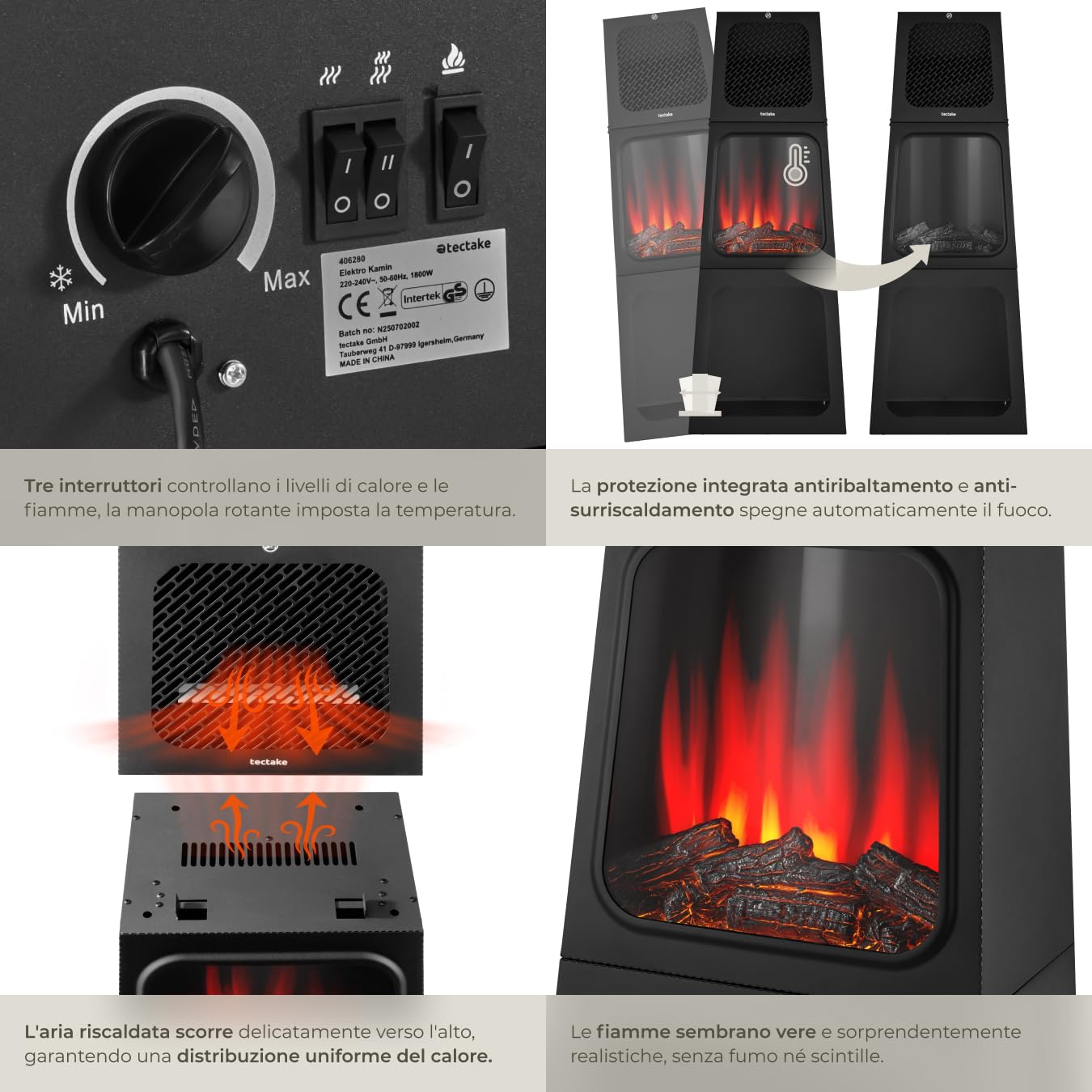 tectake® Caminetto elettrico, 45 x 120 x 35 cm, Camino Elettrico da pavimento, 2 livelli di calore 900/1800 W, termostato, effetto fiamma fuoco finto 3D, riscaldamento regolabile, Stufa Elettrica