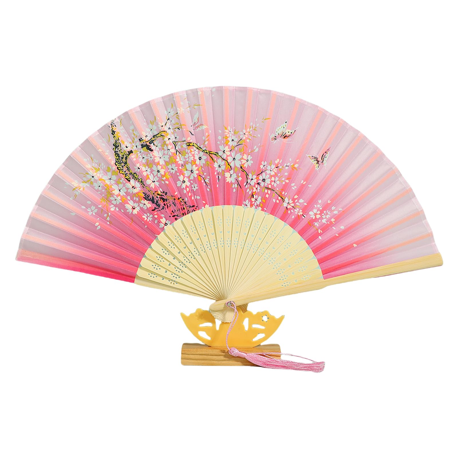 GTYLF Luxurious Silk Folding Fan with Embroidery & Frame Elegant Wedding Dance Props with Tassels for Special Silk Hand Fan Frame Folding