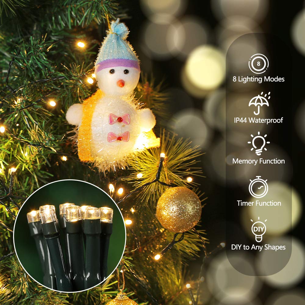 BrizLabs Catena Luminosa, 10M 100 LED Luci di Natale a Batteria 8 Modalità Impermeabile Luci Stringa Cavo Verde Decorazioni Natalizie per Giardino, Albero di Natale, Matrimonio, Festa, Bianco Caldo