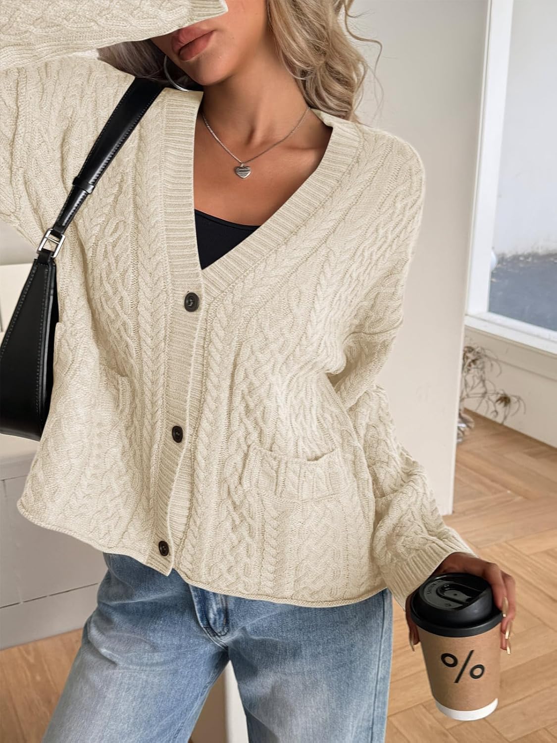 Yousify Womens Cable Knit Cardigans Fall Oversized Long Sleeve Button Open Front Casual Sweater Coats - Image 3