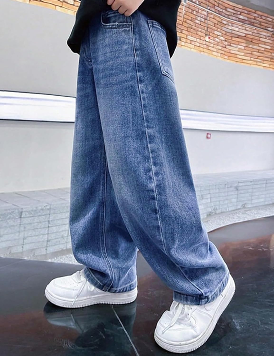 Gihuo Boys Baggy Jeans Pants Straight Leg Elastic Waist Denim Pants with Pockets 8-11Y - Image 2