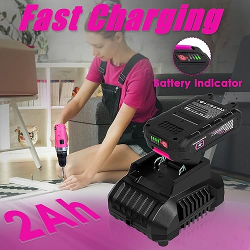 Miniatura 8 de Kit de herramientas con taladro inalámbrico de 20 V (265 pulgadas-libras), juego de taladro rosa para mujeres, kit de herramientas para el hogar de