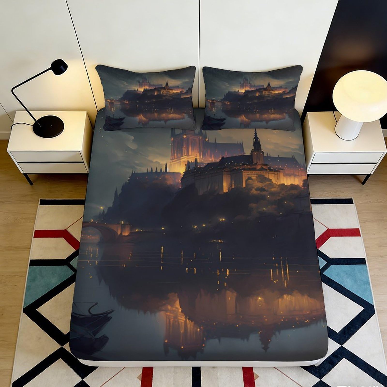 3D Printed Castle Nightscape Fitted Sheet Microfiber Soft Dark City Lights Mattress Cover Bedroom Decoration 90x200x25cm