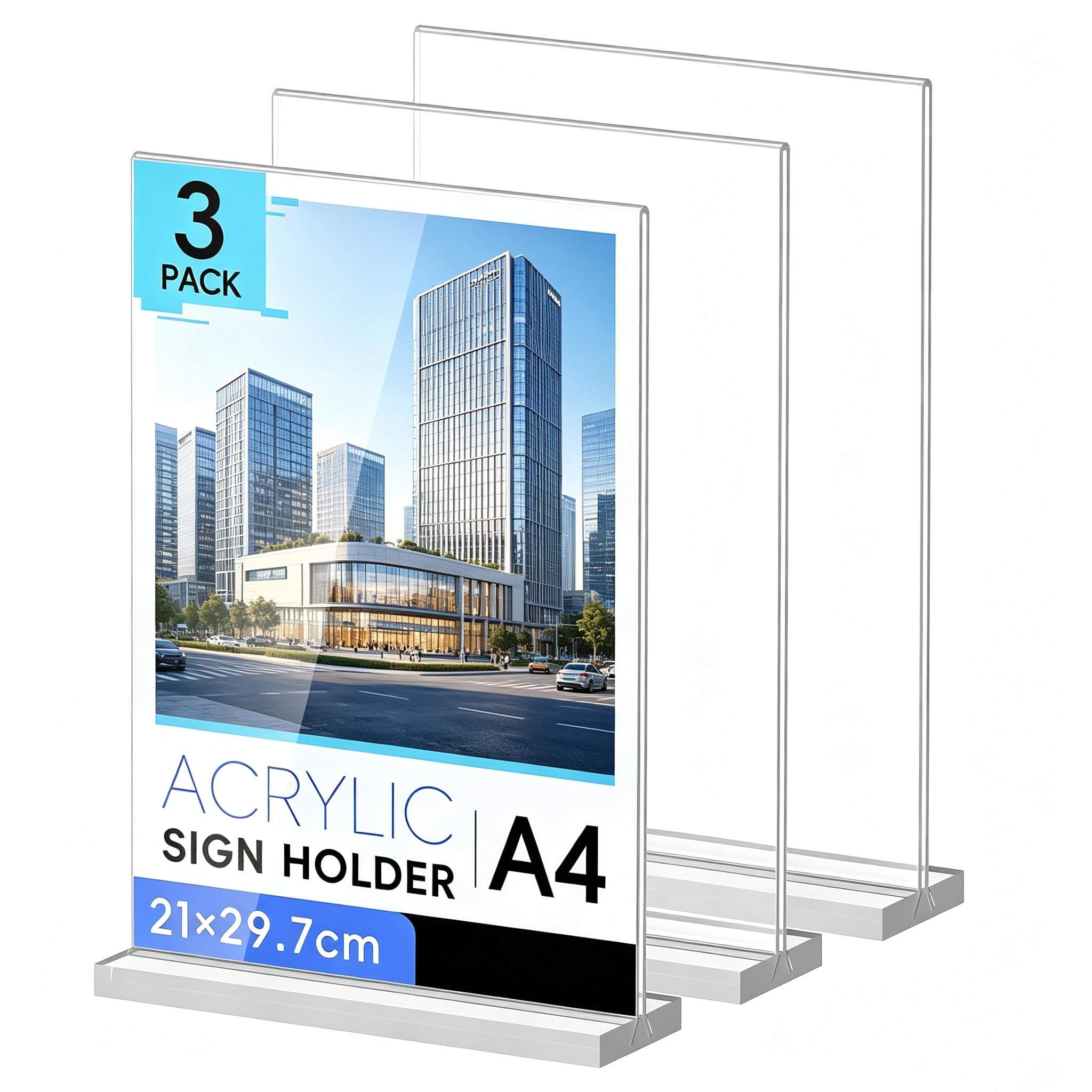 3 Pack A4 Acrylic Double Sided Sign Holder – 8mm Thick T-Shape Stand, Clear Countertop Menu Display for Restaurants, Shops, Offices with Protective Film