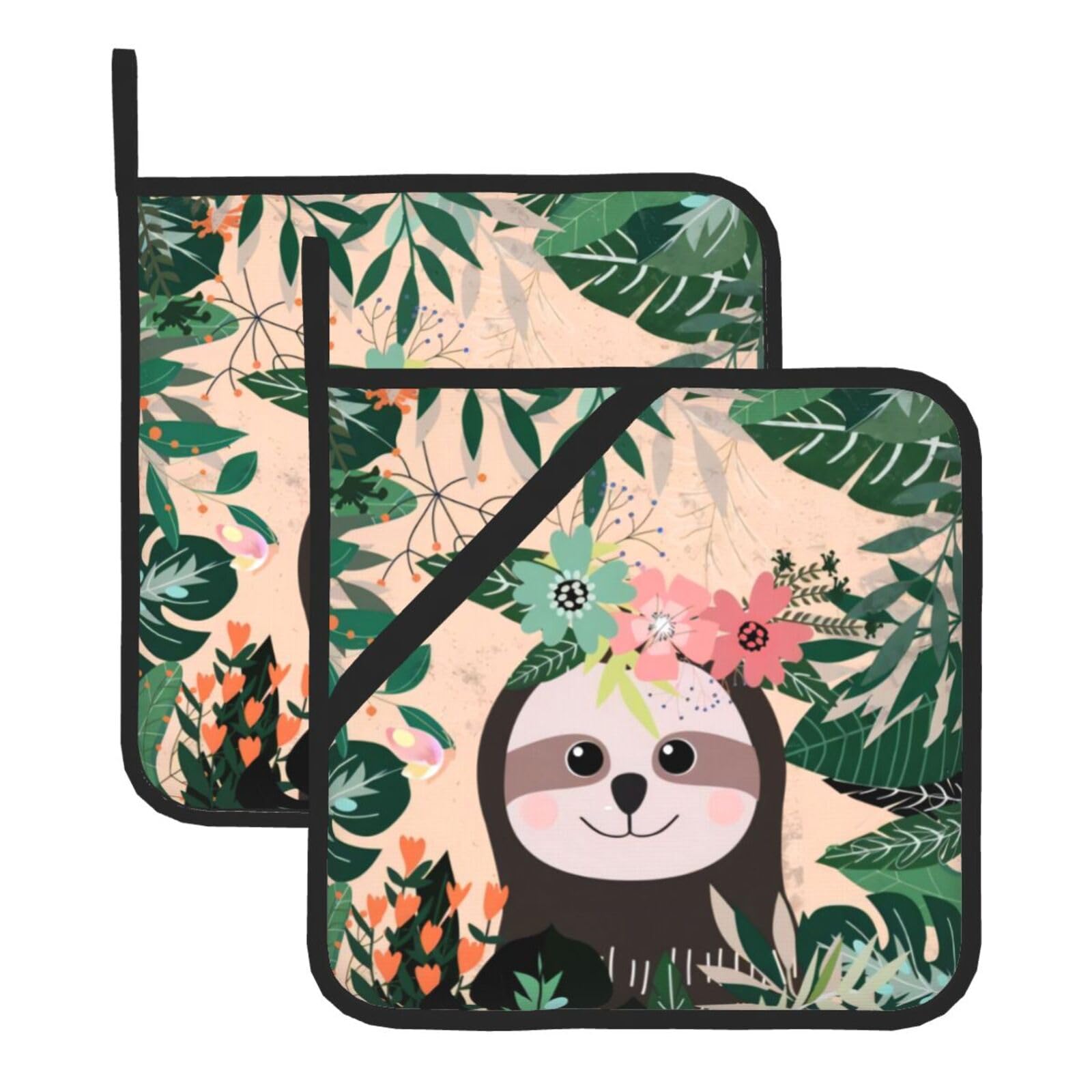 YYHHAOFA Sloth And Flowers Prints Square Hot Pot Pads - Waterproof Kitchen Throw Layers for Countertop, Oven & Grill - Durable Heat Resistant Pads with Hanging Loop (2-Pack)