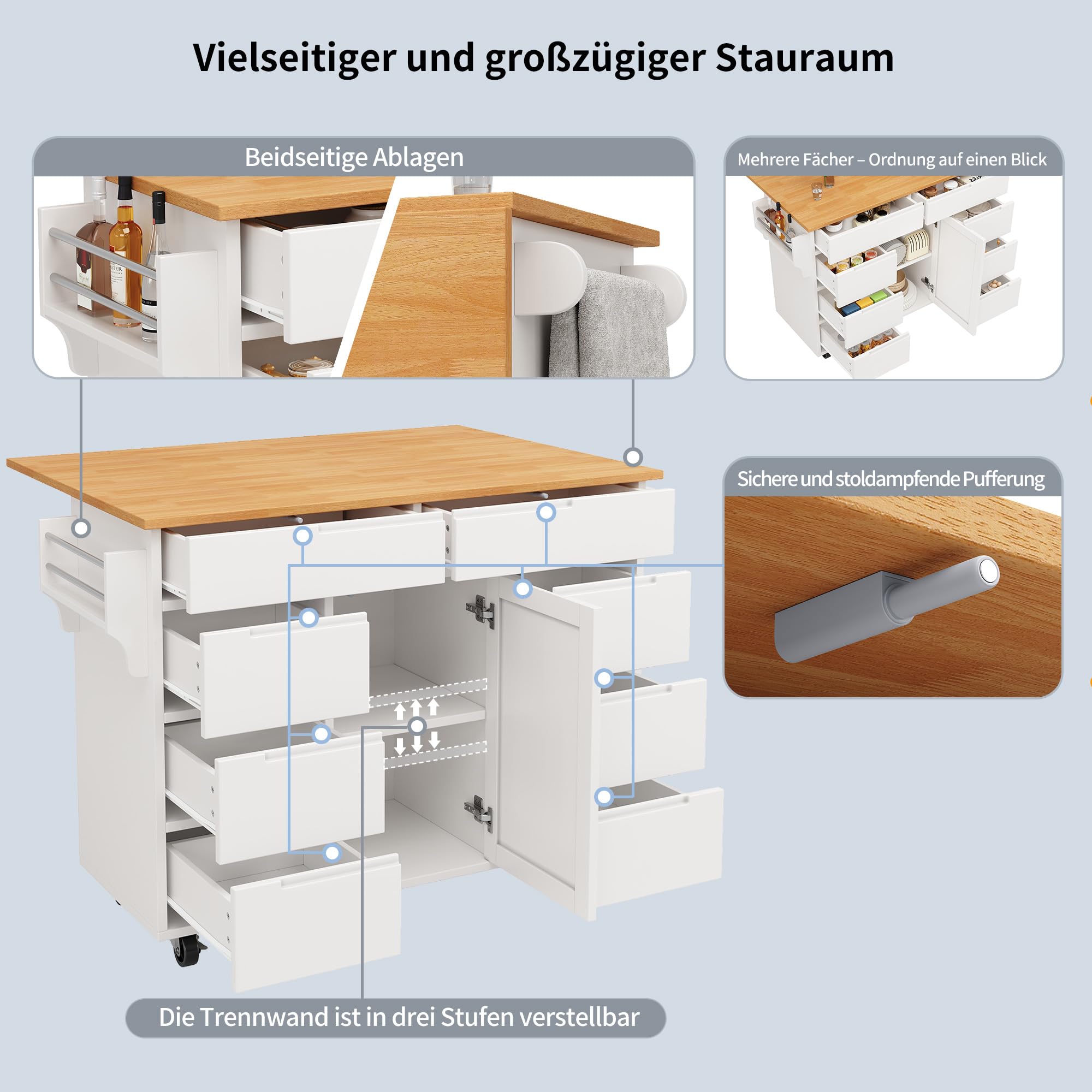 Kücheninsel, Küchenschrank, Ausziehbarer Küchenwagen mit Rollen und Arbeitsplatte, Servierwagen mit Gewürzregal und 8 Schubladen, Weiß
