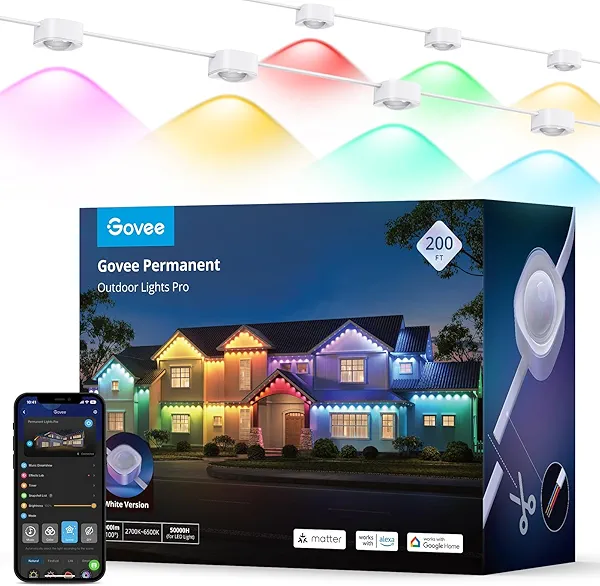 Govee Permanent Outdoor Lights Pro, 200ft with 120 RGBIC LED Lights for Daily and Accent Lighting, 75 Scene Modes for Outdoor Decor, IP67 Waterproof, Works with Alexa, Google Assistant, Matter, White