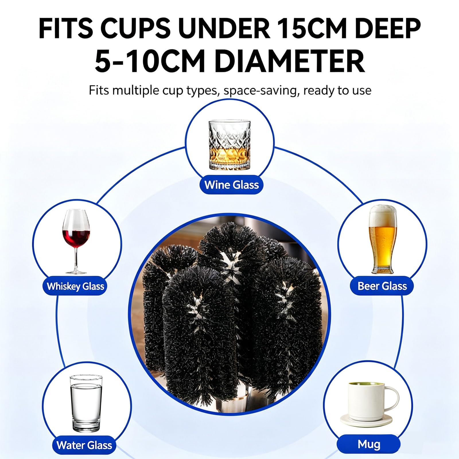 Ensemble de Brosses de Rechange pour Lave-Verres, 4 Brosses de 6"+1 de 7,5" | Convient aux Verres de Moins de 5,9" de Profondeur et 2–4" de Diamètre, pour Bars et Restaurants