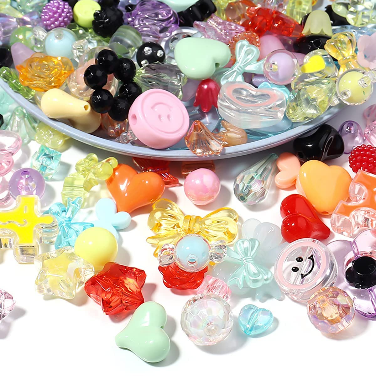 150 g (170 ~ 230 Stück), ästhetische Acryl-Perlen, niedliche Perlen für die Schmuckherstellung, Kawaii-Blume, Herz, Stern, Schmetterling, runde Perlen, Halsketten, DIY Handwerk (gemischte Farben)