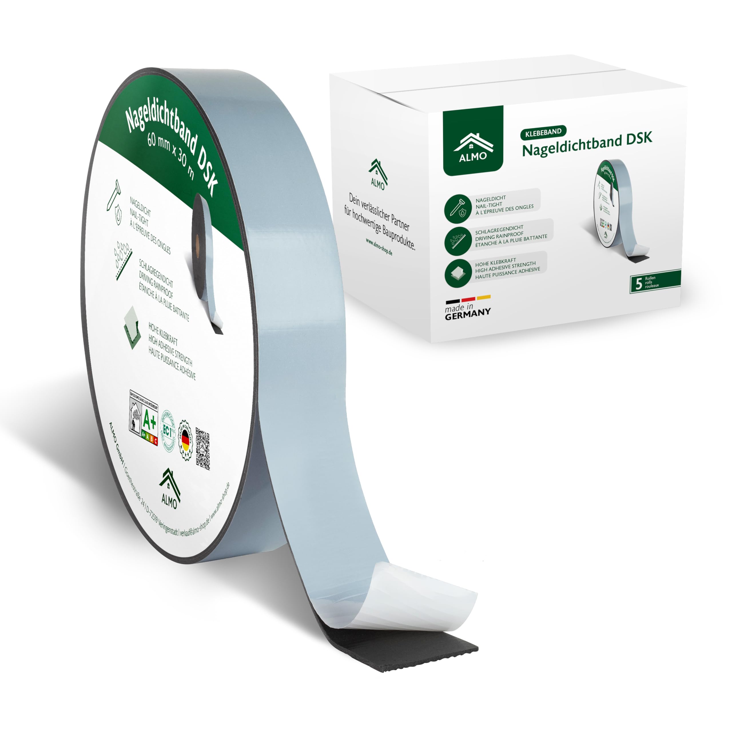 ALMO 5 rouleaux de bande d'étanchéité PE double face fortement adhésive (30m x 60mm) bande d'étanchéité bande de séparation autocollante pour écrans de sous-toiture, anthracite