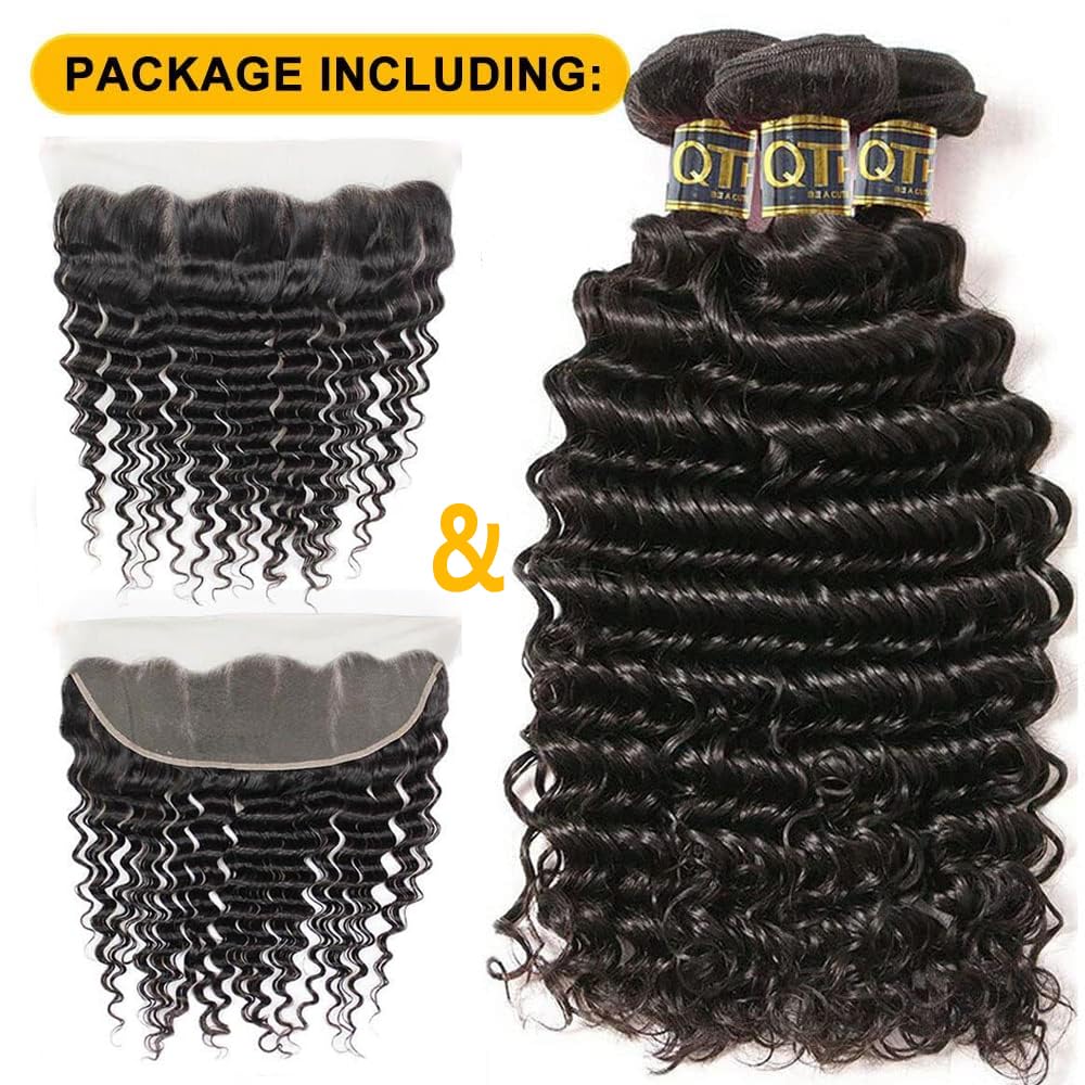 QTHAIR Deep Wave Bundles with Frontal 18A Grade Human Hair Bundles with 13X4 HD Lace Frontal Closure Brazilian Virgin Hair Ear To Ear Frontal with Bundles (16" 18" 20"+14", Natural Color)