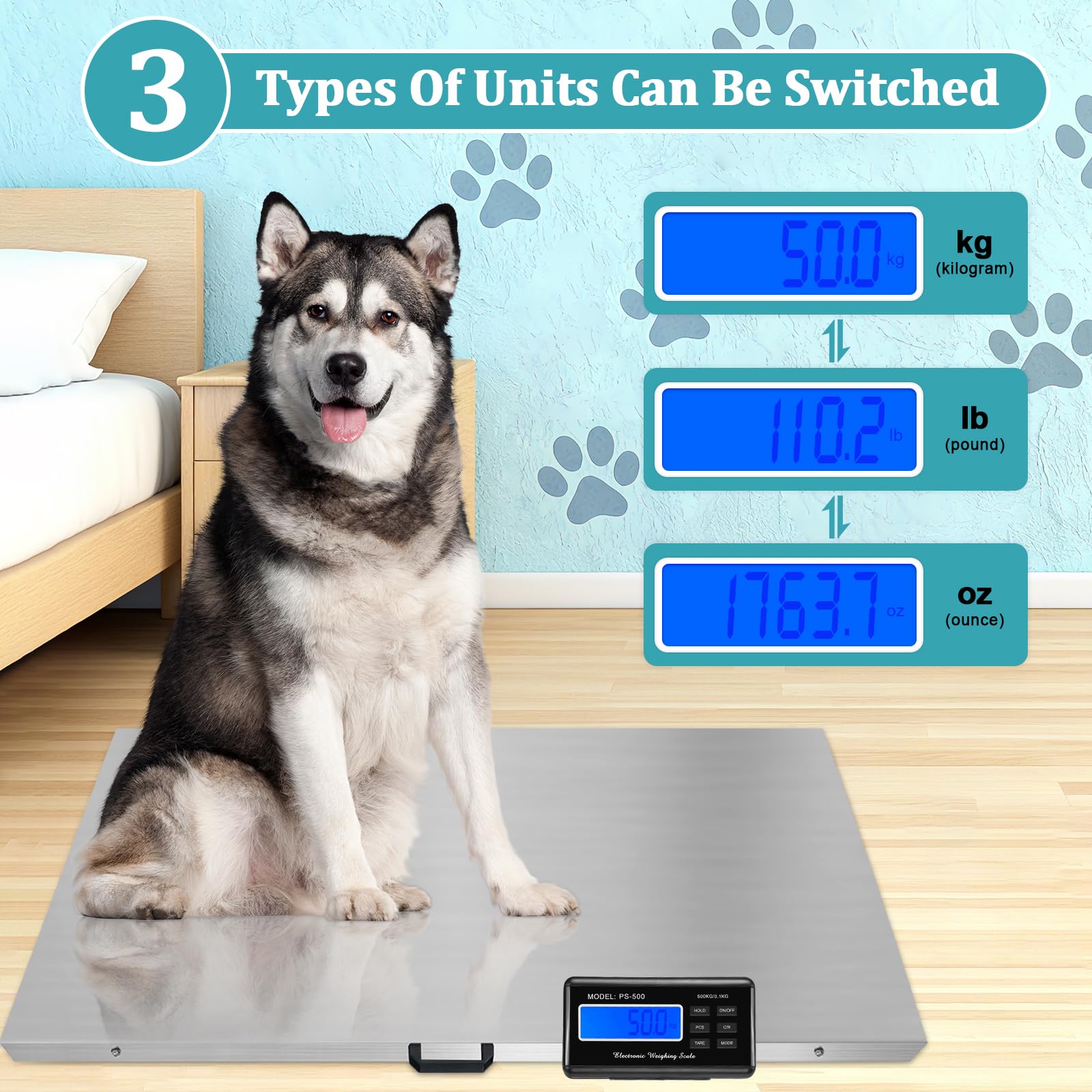 Báscula para mascotas para perros grandes, báscula de perro de 1100 libras x 0.25 libras para razas grandes, báscula de ganado, báscula de animales, báscula para cachorros, 3 modos de pesaje, LB, KG